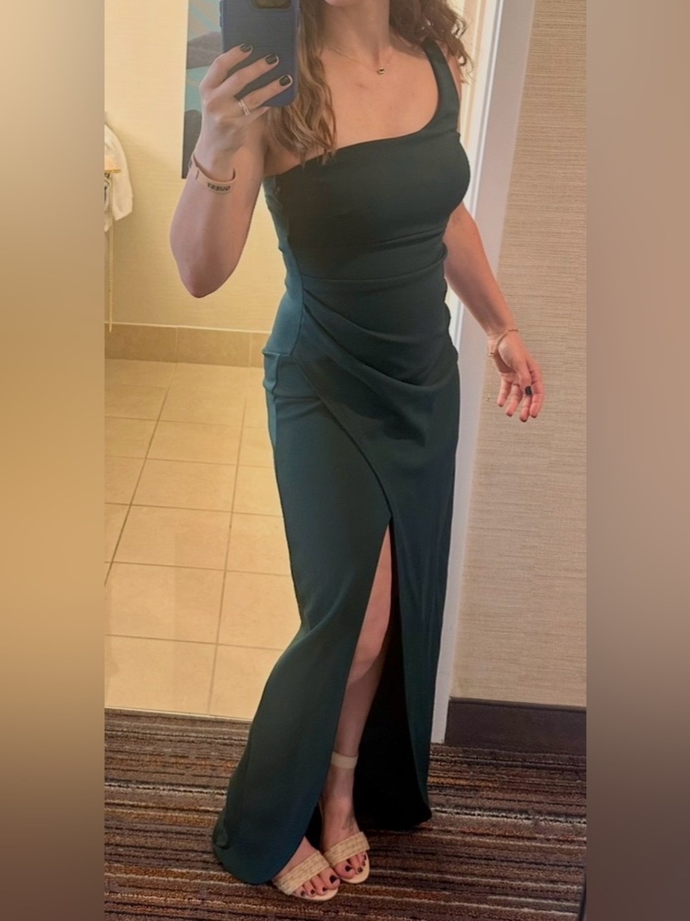 Windsor One-Shoulder Dark Green Gown with Thigh Slit